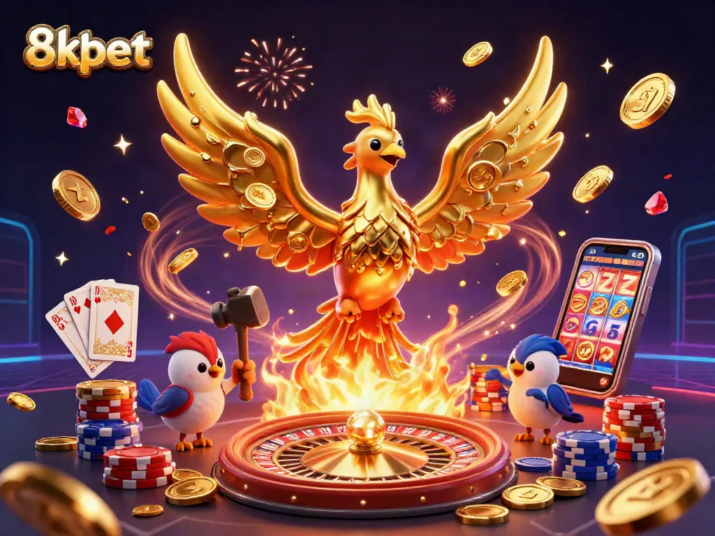 8xbet features a golden phoenix, coins, and vibrant casino elements for an exhilarating gaming experience.