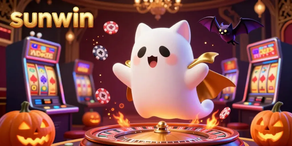 Experience the thrilling atmosphere of sunwin with a friendly ghost cat in a lively casino backdrop.