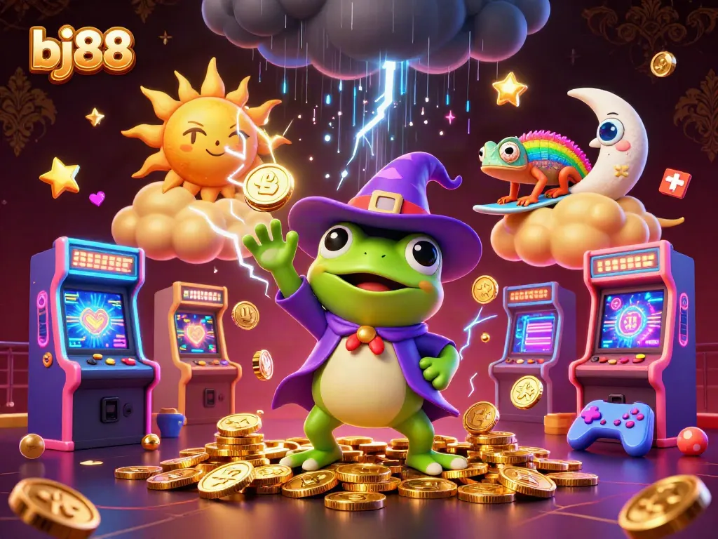 Bettors enjoy the exciting offerings of bj88 with a vibrant 3D illustration of a whimsical gaming scene.