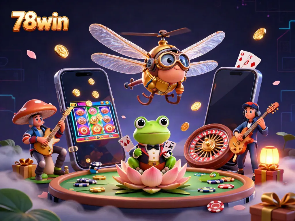 Experience thrilling gameplay at 78win with a vibrant casino scene featuring a dragonfly pilot and frog croupier.