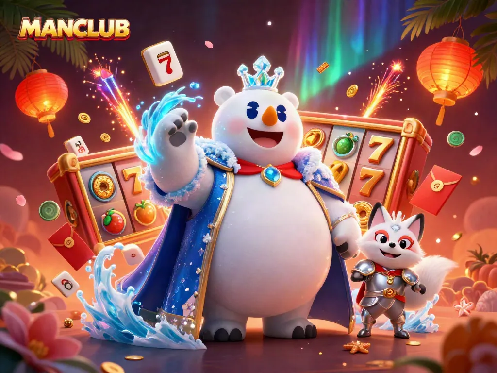 Spin the reels of MANCLUB with the ice king and companions in a vibrant casino atmosphere.