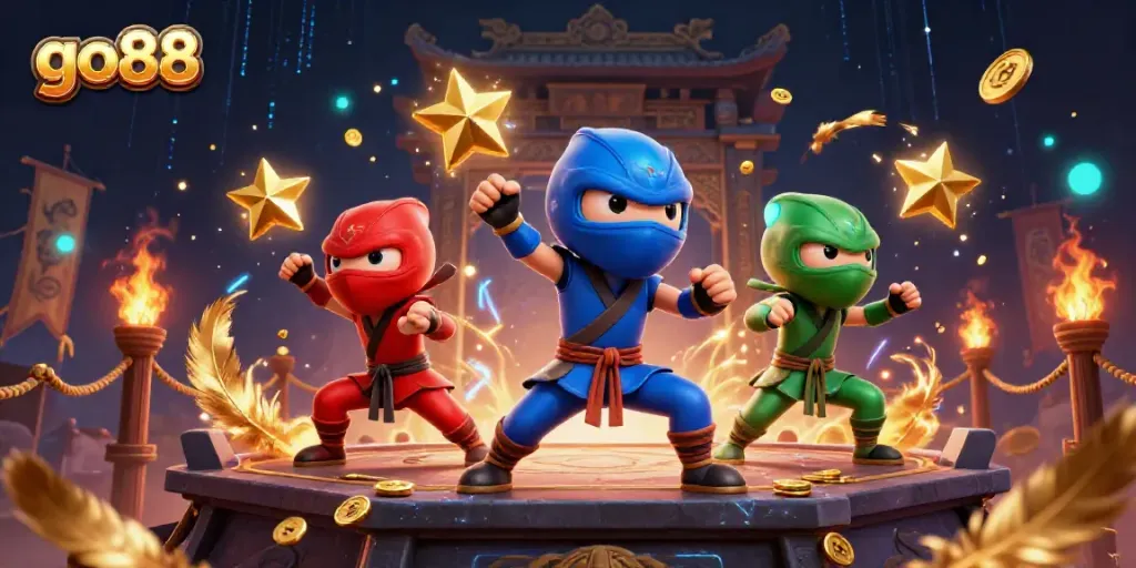 Engage with go88's thrilling features as chameleon ninjas showcase synchronized martial arts in a vibrant casino arena.
