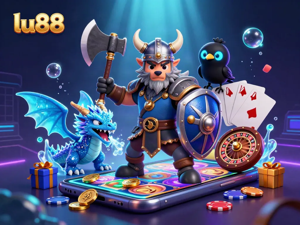 Engage with exciting lu88 games featuring a Viking warrior, dragon, and casino elements.