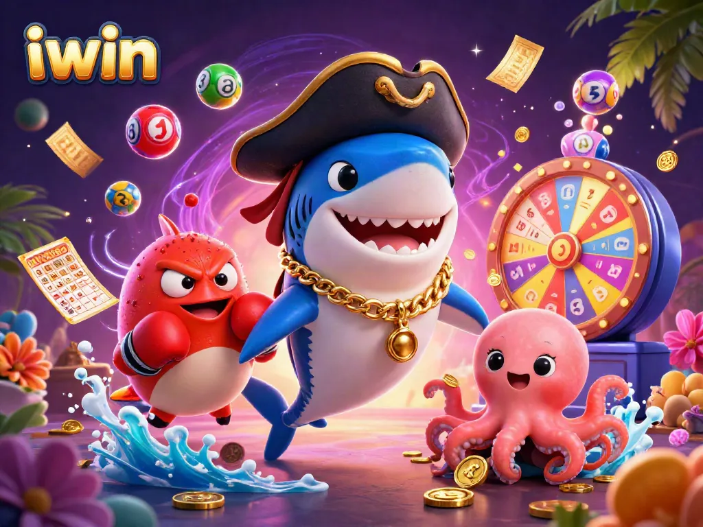 iwin presents a lively casino scene with vibrant characters and lottery elements, capturing excitement in gaming.