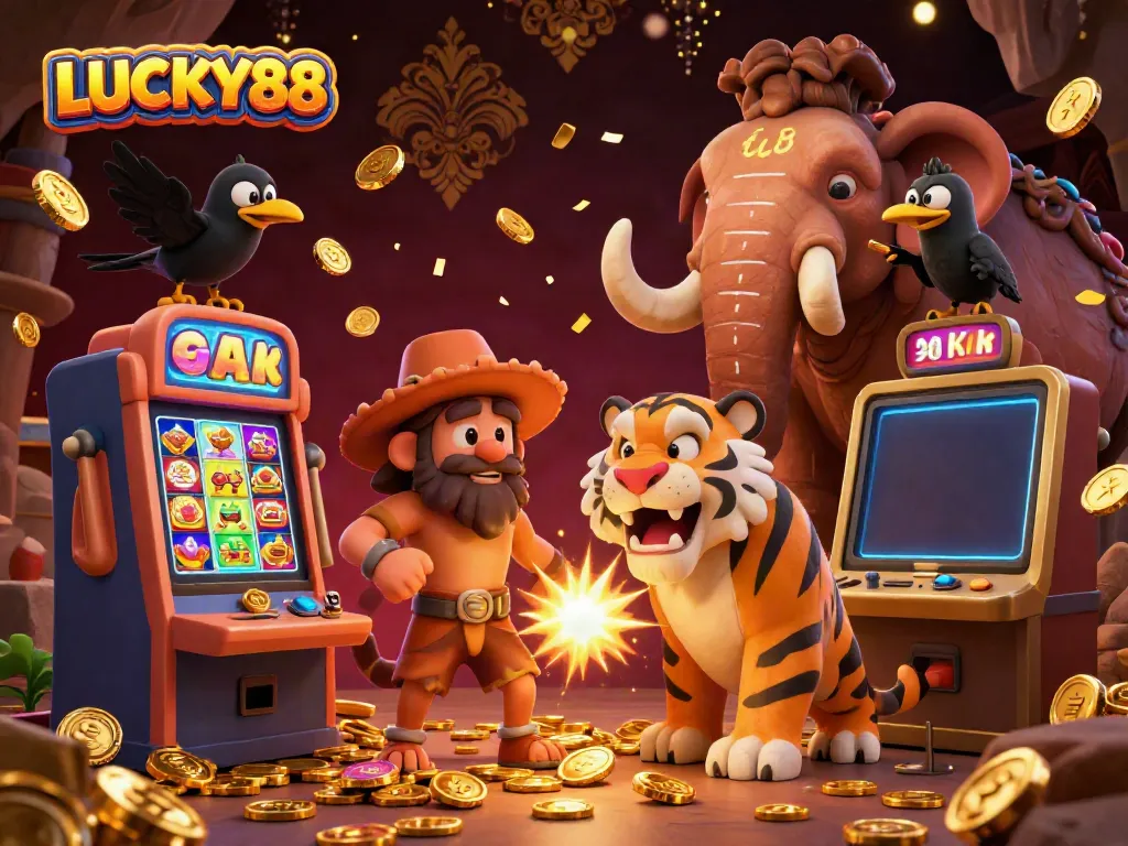 Experience LUCKY88's vibrant prehistoric casino with characters and dynamic game elements bursting with excitement.