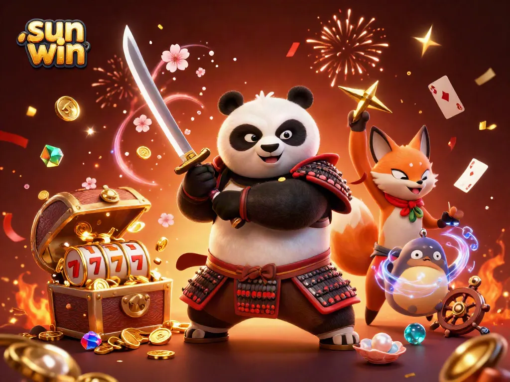 Experience the thrill of sun win gaming with a dynamic scene featuring samurai panda and vibrant casino elements.