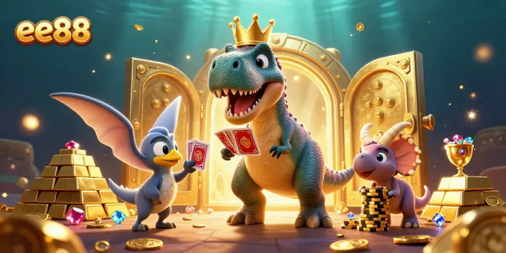 Engage with ee88's animated casino experience featuring a friendly T-Rex, pterodactyl, and triceratops amidst treasure.