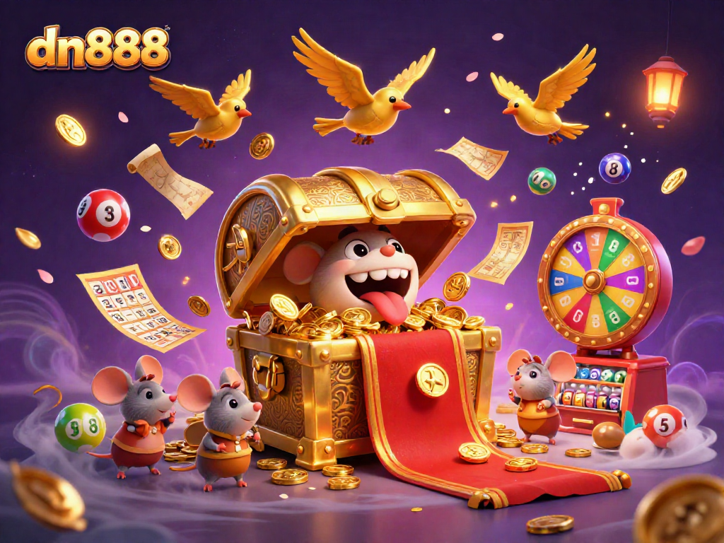 Engage with dn888's dynamic lottery scene filled with colorful balls, golden treasures, and enchanting elements.