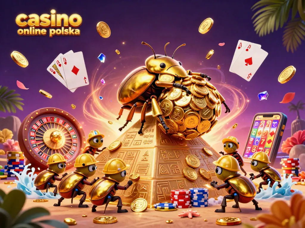 Engage with casino online polska through vibrant gaming visuals featuring golden beetles and cascading coins.