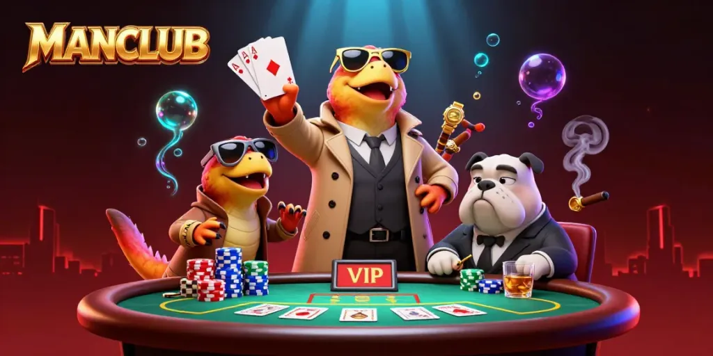 Engage in thrilling poker action at MANCLUB with our cartoon raptors' playful antics in a casino