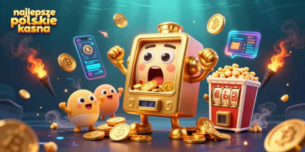Celebrate at najlepsze polskie kasyna with animated golden slot machines and glowing cryptocurrency coins!