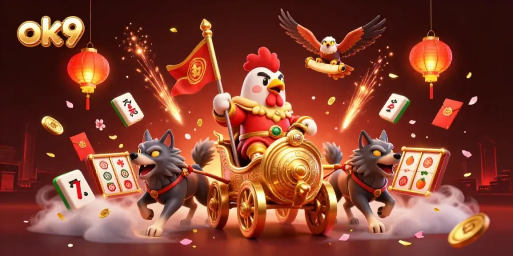 Engage with the thrilling ok9 casino experience through this vibrant 3D illustration filled with action.