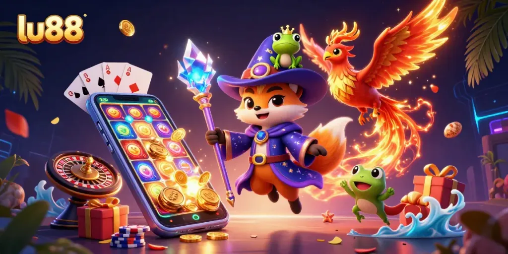 Experience the thrilling world of lu88, where a wizard fox, phoenix, and enchanted frog bring casino excitement to life.