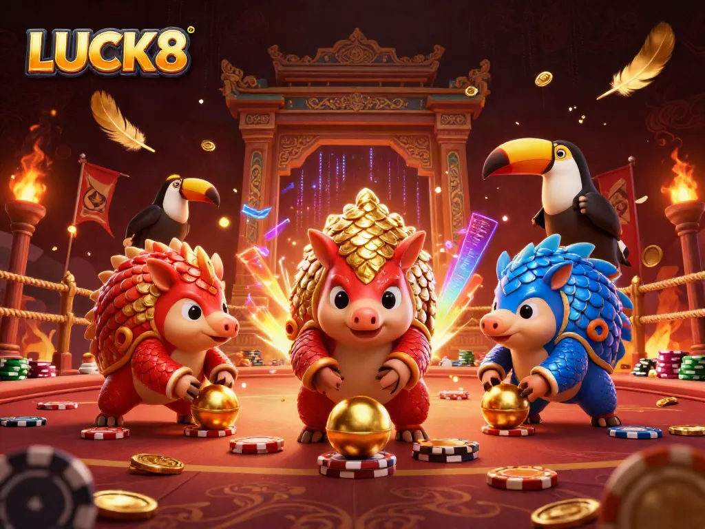 LUCK8 captures thrilling moments with vibrant pangolins in a dynamic casino scene, showcasing energy and excitement.