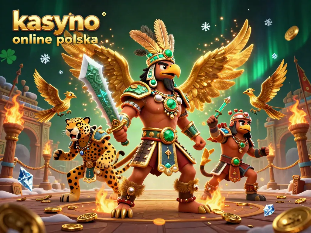 Dynamic illustration showcasing kasyno online polska with Aztec warriors and golden casino elements.