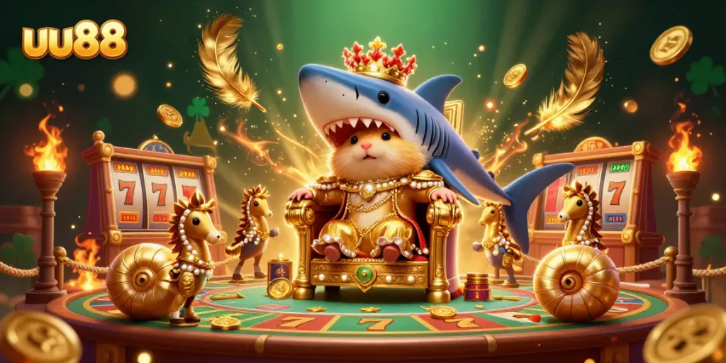 The hamster king reigns at uu88's vibrant casino, surrounded by gold coins and shimmering game elements.