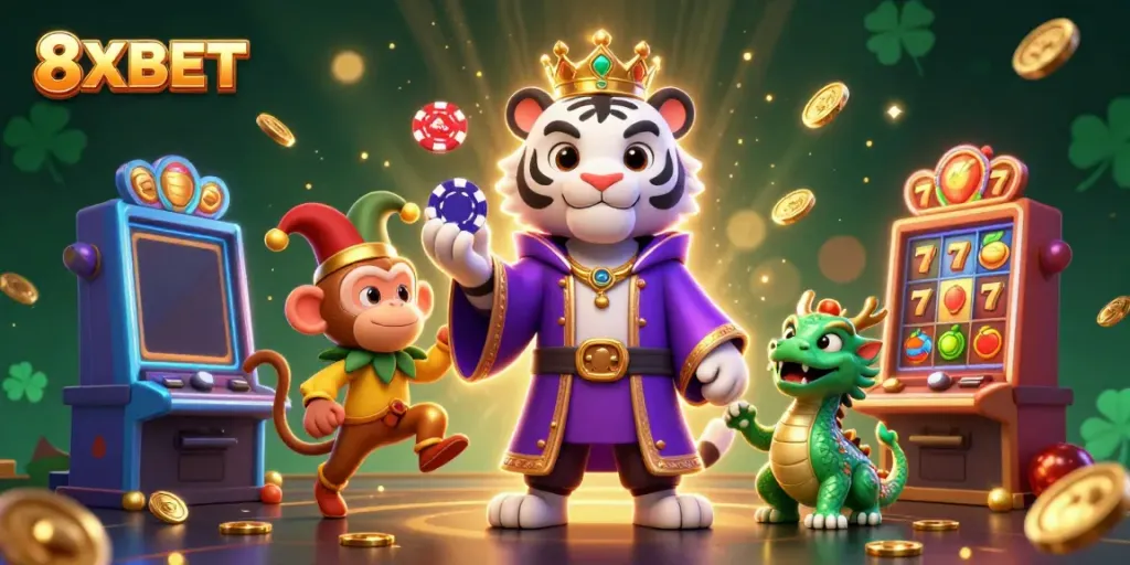Experience the thrilling world of 8XBET as lucky characters unveil a jackpot scene with vibrant slot machines.
