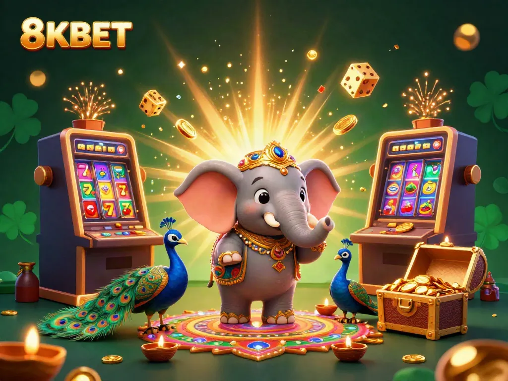 Experience the vibrant world of 8KBET, combining a lively elephant, slot machines, and dazzling casino elements.