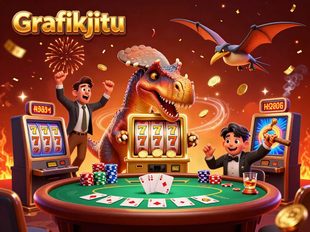 Grafikjitu brings excitement as a pachycephalosaurus celebrates jackpot wins with casino elements.