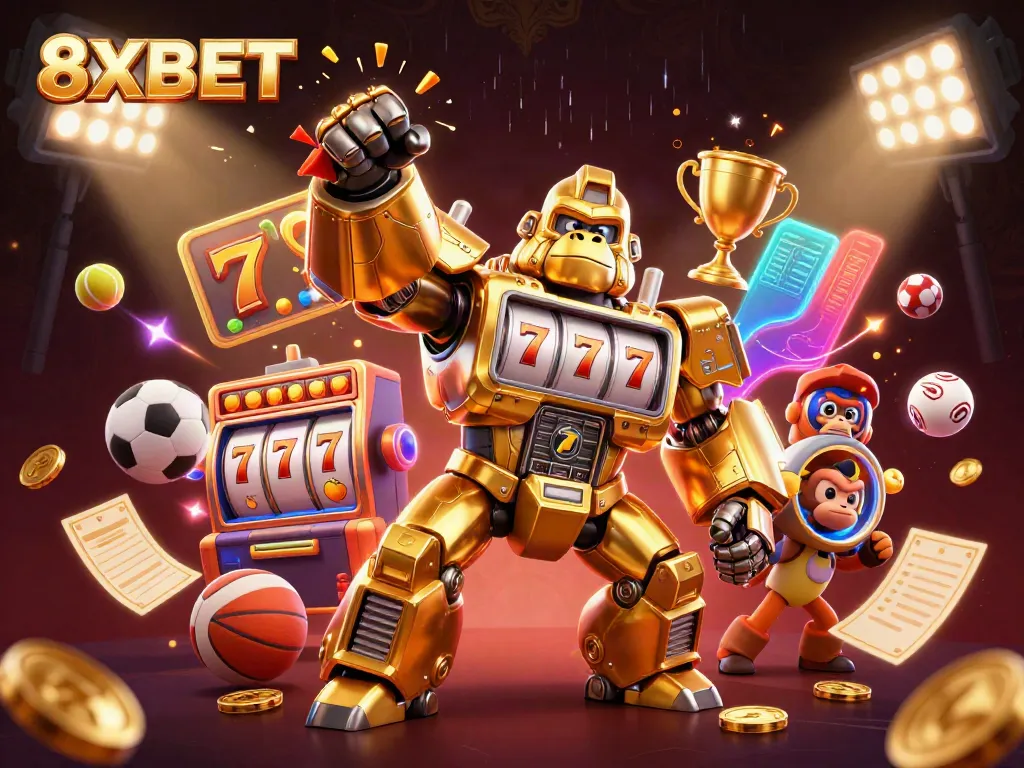 Experience thrilling jackpots with 8XBET as a golden gorilla mech becomes a slot machine