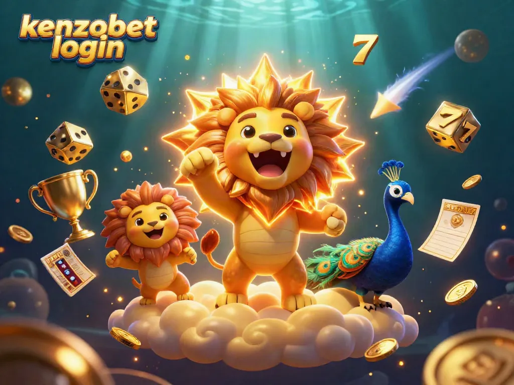 Engage with the kenzobet login experience featuring a triumphant lion and vibrant casino elements.