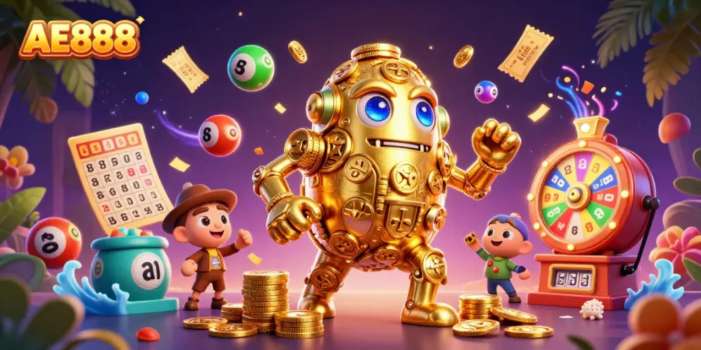 Engage with AE888 casino fun featuring a golden golem and vibrant gambling elements.