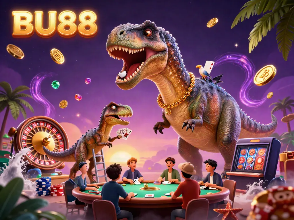 Engage in thrilling action at BU88 with a giant brontosaurus overseeing a bustling casino scene packed with winning moments.