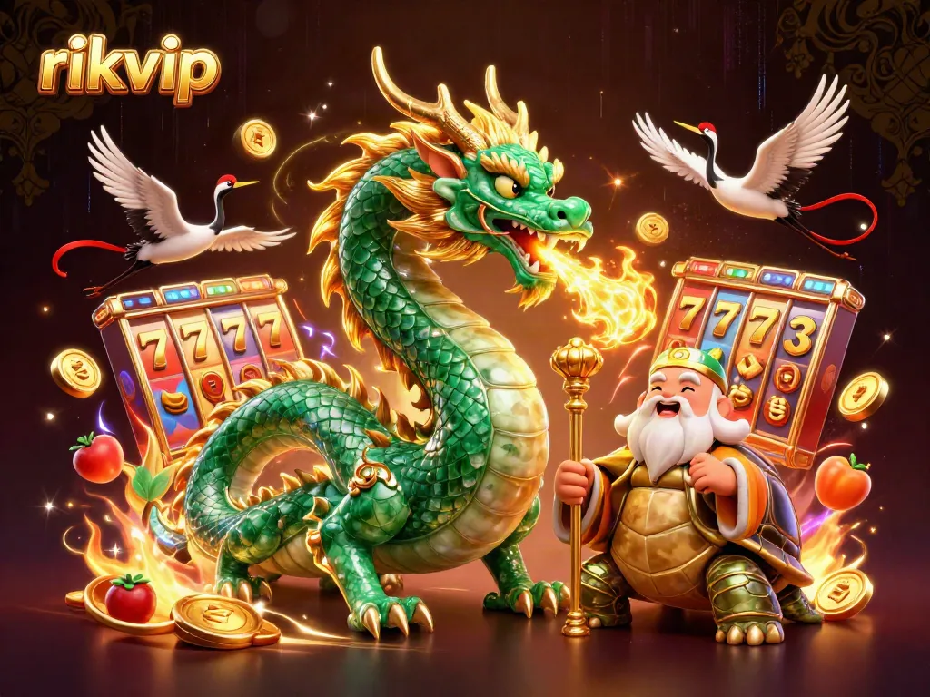 Engage with rikvip's lively online casino experience featuring a jade dragon, wise turtle, and lucky cranes among slot game elements.