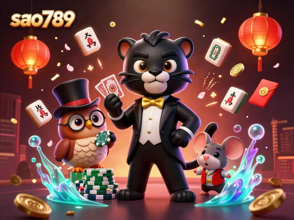 Play exciting card games at sao789, featuring a stylish panther dealer and vibrant casino elements.
