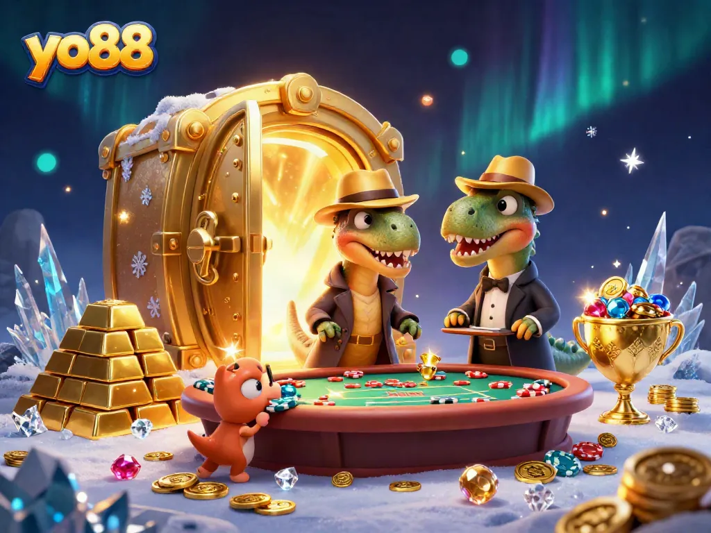 Experience excitement at yo88 with a 3D velociraptor card counter amidst casino treasures and vibrant gaming elements.