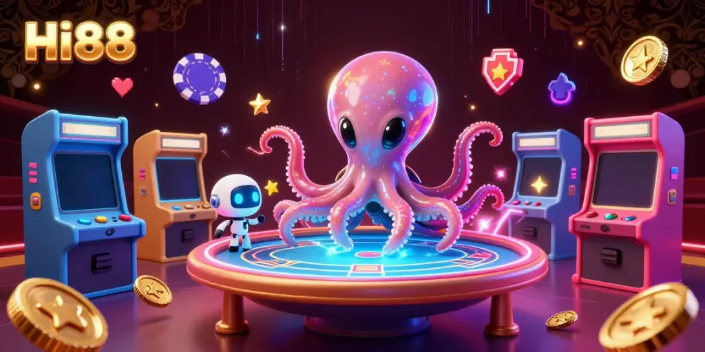 Play HI88 with exciting alien characters at a holographic poker table surrounded by vibrant gaming elements.