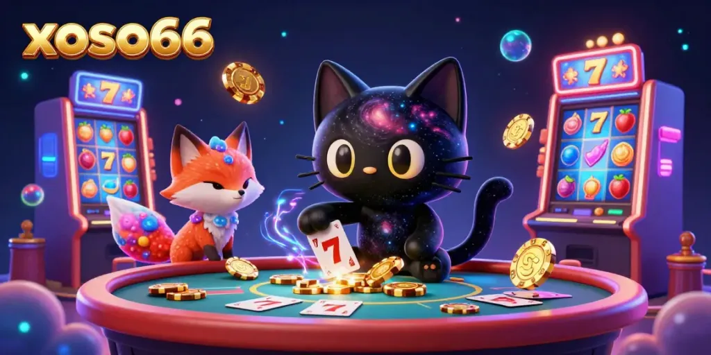 xoso66 showcases an animated cosmic cat attracting golden chips at a vibrant casino table full of colorfully designed elements.