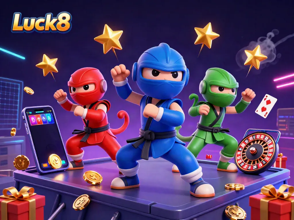Watch the Luck8 chameleon team showcasing thrilling martial arts action amidst vibrant casino-themed game elements.