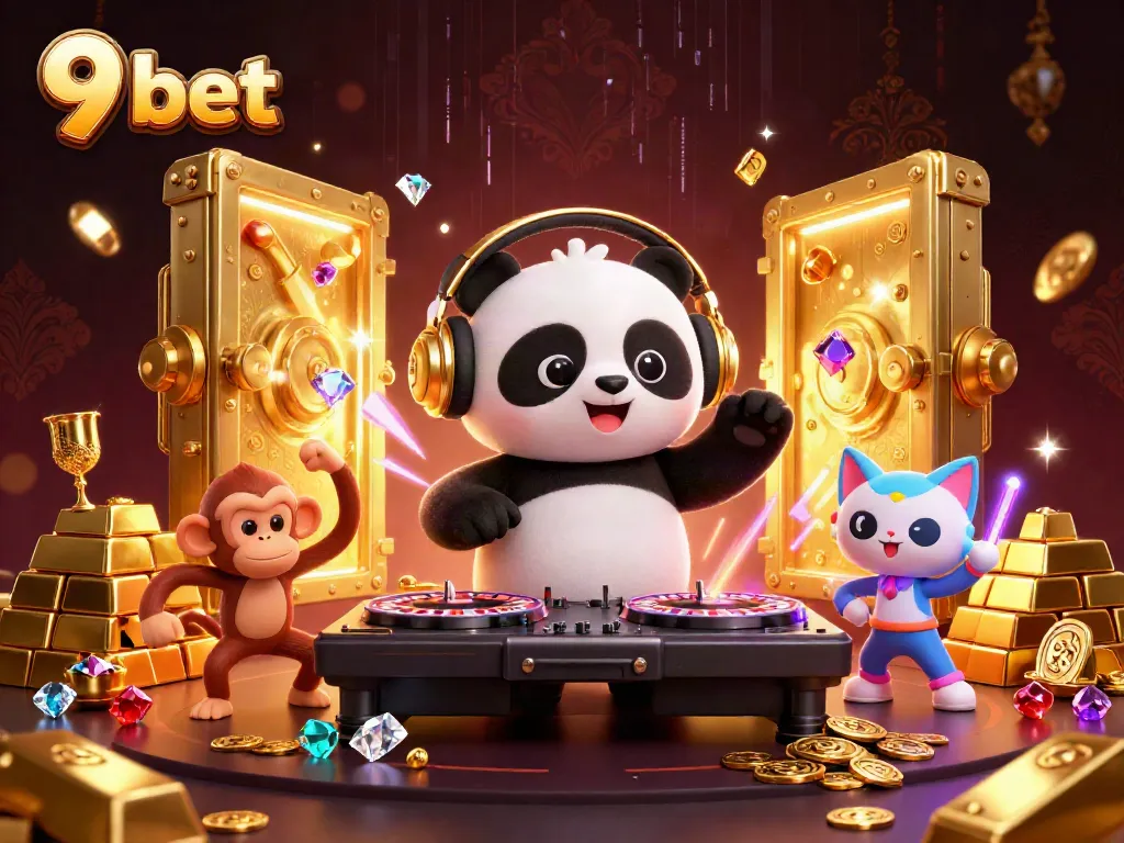 Join the excitement at 9 bet with a lively 3D illustration featuring neon-colored characters and casino elements.