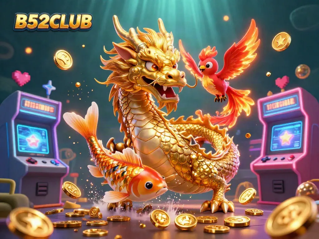 B52CLUB illustrates a fierce dragon and phoenix amid arcade gaming, showcasing vibrant casino excitement.