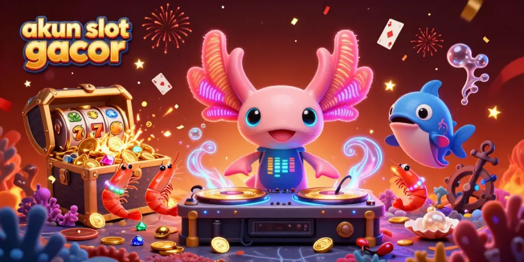 Akun slot gacor dengan DJ axolotl dan teman-teman laut dalam suasana pesta yang meriah.
