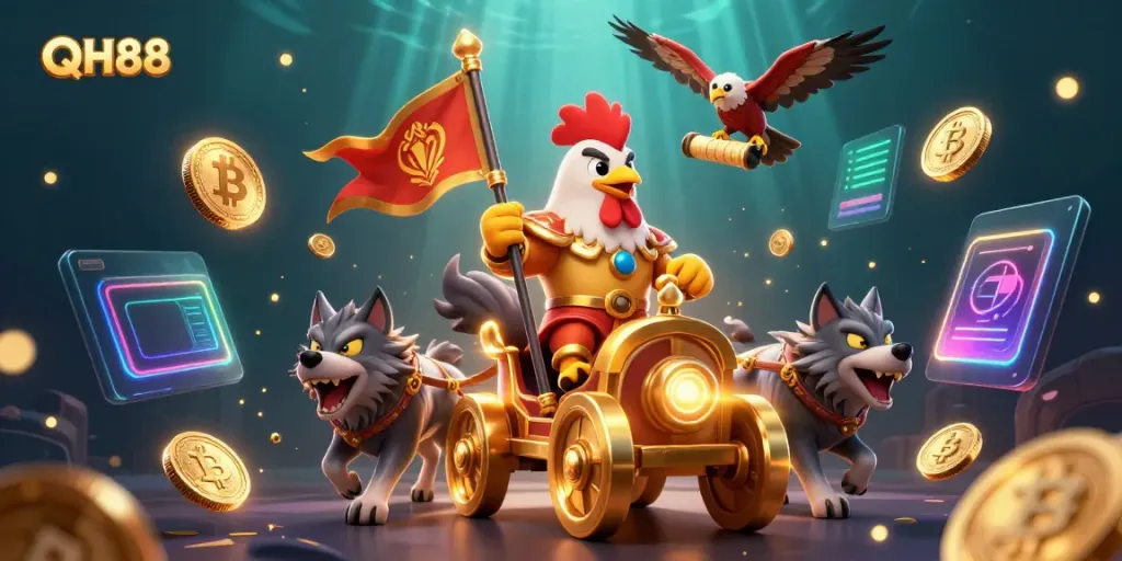 Engage with QH88's unique casino experience through a dynamic 3D cartoon scene featuring vibrant characters.