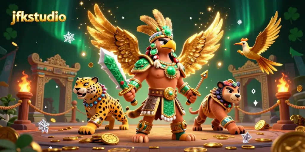 Experience the thrill of gambling with jfkstudio's vibrant casino atmosphere, featuring an Aztec warrior and dynamic elements.