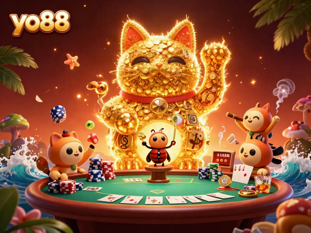 Experience thrill with yo88 as a vibrant golden lucky cat interacts with poker symbols in a rich casino scene.
