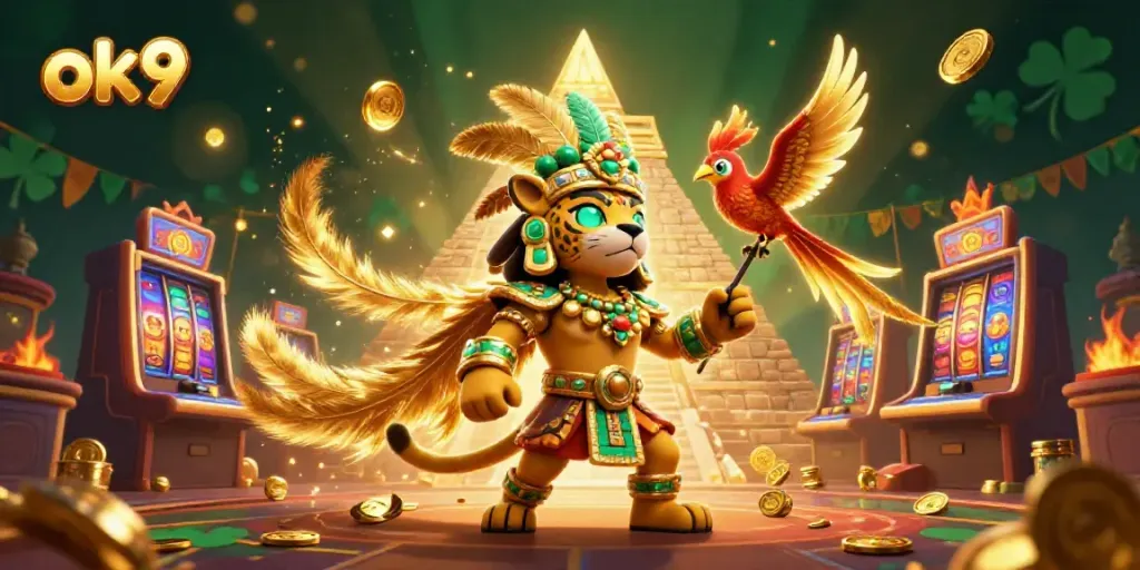Engage in exciting gaming action with ok9 as a vibrant Mayan jaguar priest leads the casino adventure.