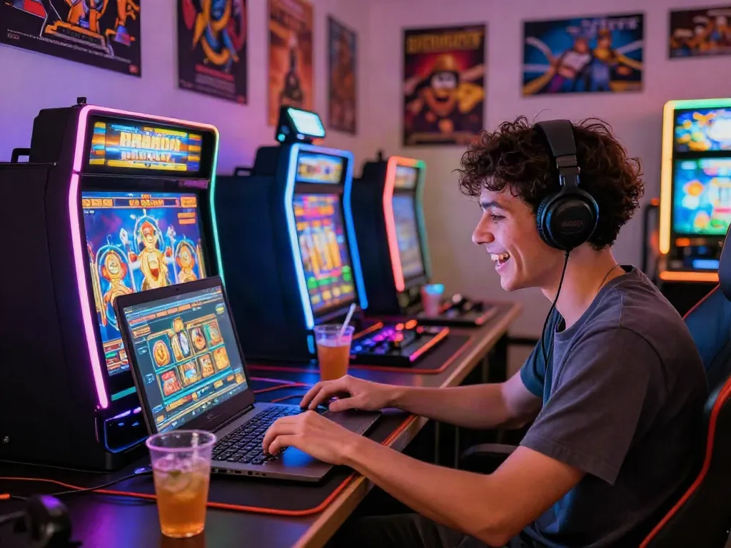 Engaged player enjoying an immersive online slot gaming experience at a vibrant LED-lit gaming setup.