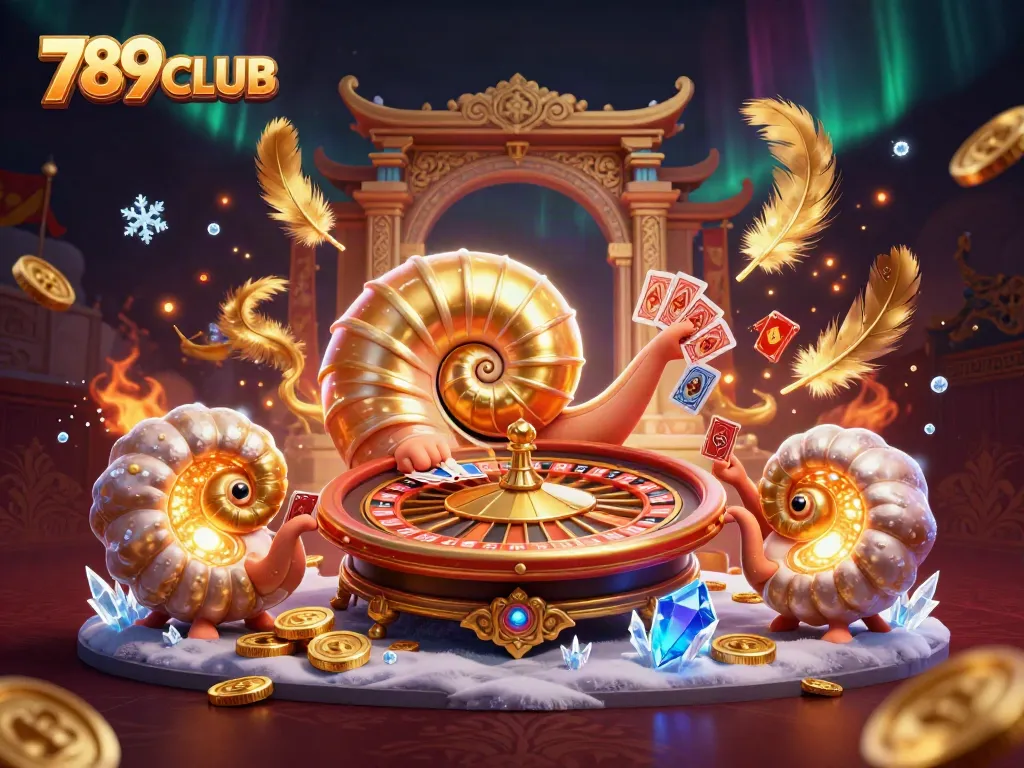 Engage with thrilling gameplay at 789CLUB featuring a 3D nautilus roulette wheel and golden ambiance.