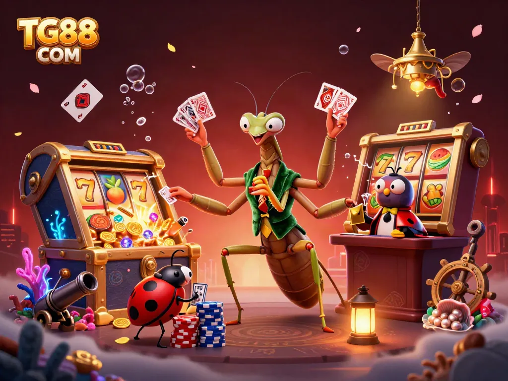 Enhance your gaming experience with the vibrant TG88 COM casino scene showcasing dynamic characters and slot machines.