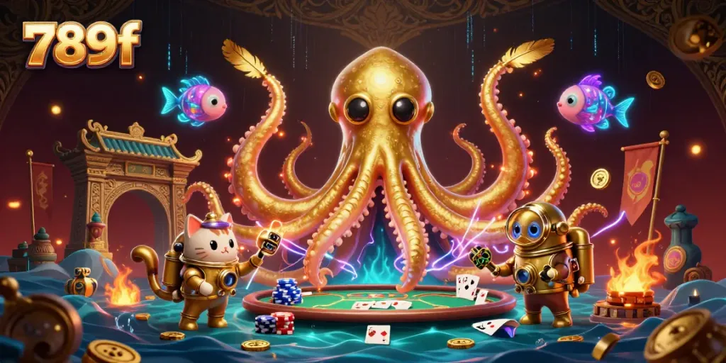 Experience the thrill of 789f casino with a dynamic scene featuring a diving cat and kraken.