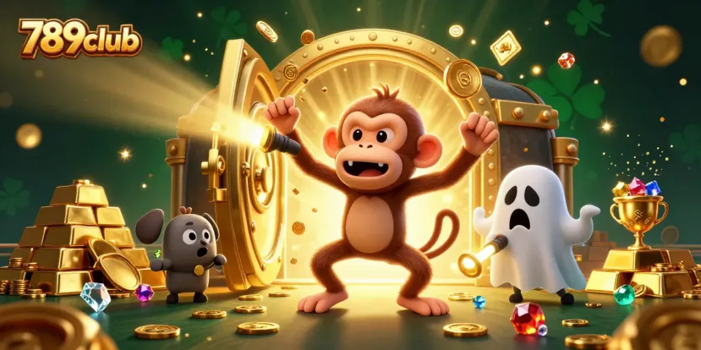 Play at 789club with a mischievous monkey juggling gold items in a haunted casino.