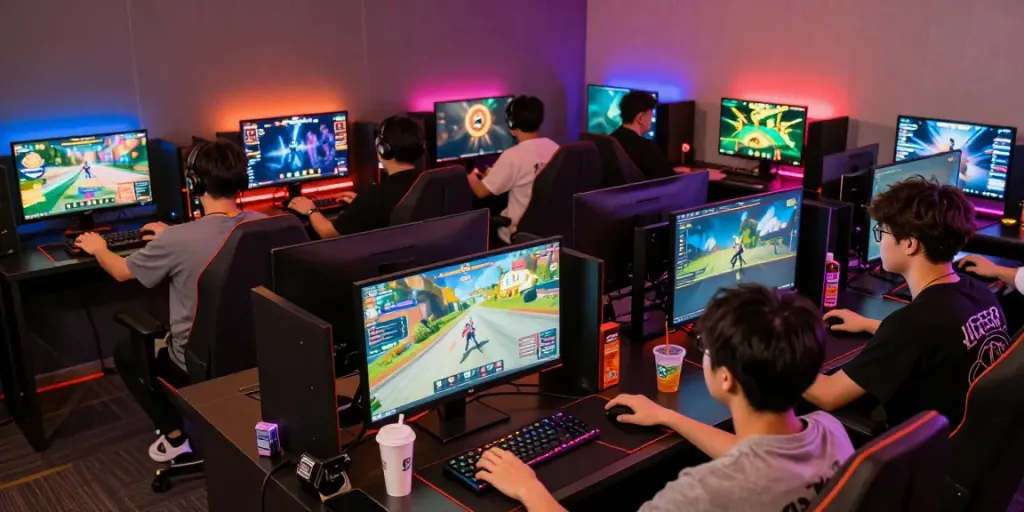 Kilat404 players enjoying an immersive online gaming experience in a vibrant atmoshphere.