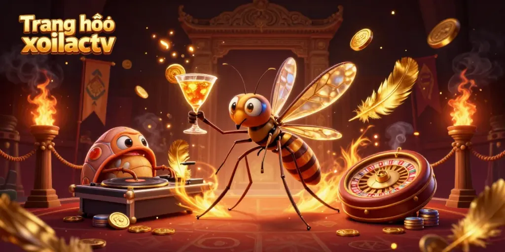 Engaging scene of casino-themed characters promoting Trang chủ xoilactv with vibrant elements, golden cocktails, and roulette wheels.
