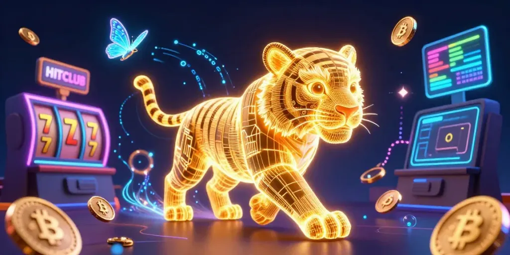 Engage in exhilarating gaming at HITCLUB with vibrant imagery of slot reels and cryptocurrency coins.