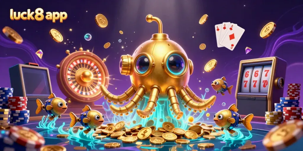 Experience the excitement with the luck8 app as a golden kraken surfaces in a treasure of coins.
