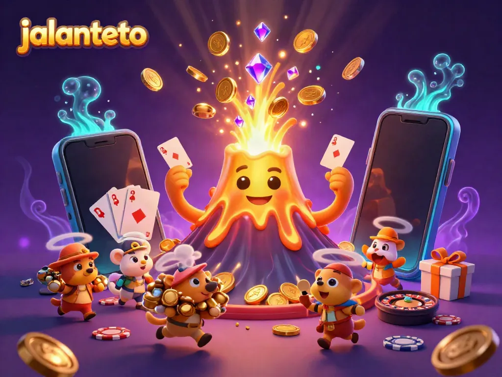 Experience the thrill of jalantoto with a triumphant golden volcano showering treasures amidst a vibrant casino scene.